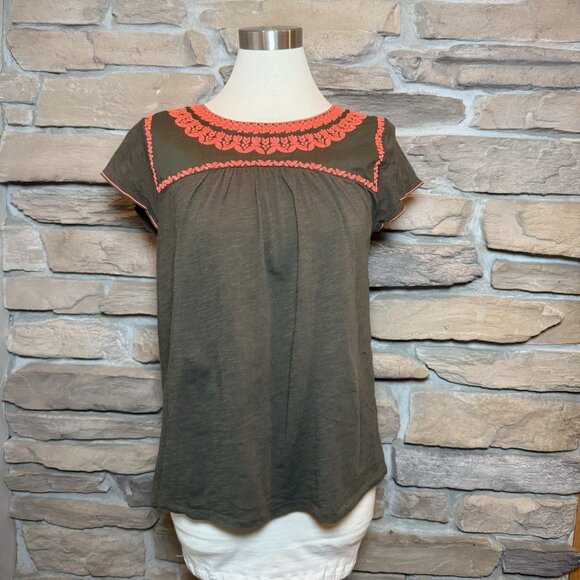 Boden Womens Top US 8 UK 12 Green Embroidered Boho Floral Yoke Short Sleeve - Picture 2 of 10